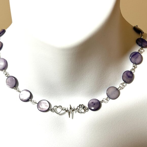 Purple Mother of Pearl Beaded Short Necklace + Paw Print Heart Beat Pendant - Picture 2 of 13